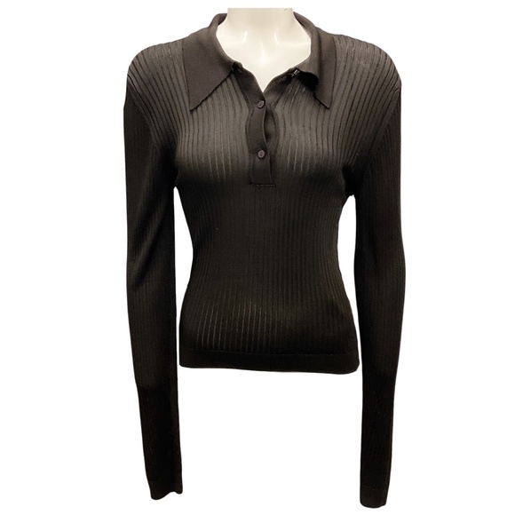 OFFICINE GENERALE DARK COFFEE JANA RIBBED SHINY VISCOSE POLO TOP - Picture 1 of 6
